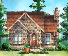 this is an artist's rendering of a house in the woods with trees and bushes