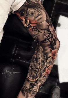 a woman with a clock tattoo on her arm