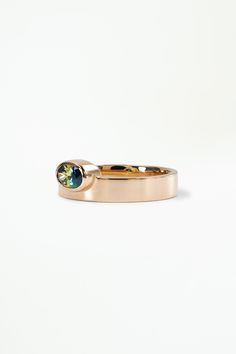 14k solid recycled yellow gold Gradient bi-color yellow-blue sapphire, oval brilliant cut, 6.01x4.00x2.81mm, 0.54ct, Australia originFlat band approximately 4mm wide | One of a Kind Oval Brilliant Cut Sapphire Monolith Ring No. 36 Size 81mm 7 | OOAK Gold Gradient, Yellow Blue, Yellow Color, Blue Sapphire, Sapphire, Yellow Gold, Australia, Band, Ring