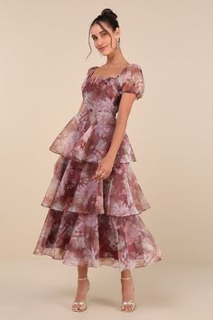 Darling Vision Rust Floral Organza Puff Sleeve Tiered Midi Dress Organza Midi Dress, Casual Formal Dresses, Derby Dress, Banquet Dresses, Evening Dresses Cocktail, Tiered Midi Dress, Quinceanera Dresses, Cup Size, Dance Dresses