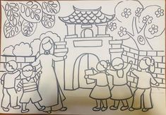 a drawing of people standing in front of a building with trees and flowers on it