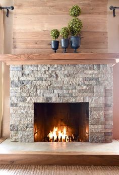 a stone fireplace with potted plants on top