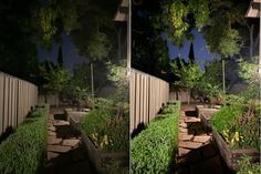 two pictures of the same garden at night, one is in front of a fence