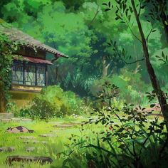 a painting of a house in the middle of a forest with lots of trees and grass