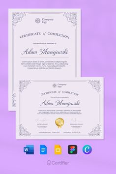 two certificates on a purple background