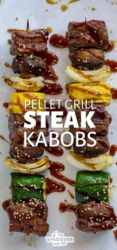 grilled steak kabobs with ketchup and mustard on them are ready to be served