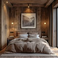 a bedroom with wood paneling and a large painting on the wall above the bed