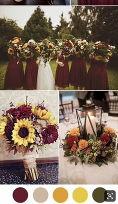 wedding color palettes with sunflowers, roses and greenery