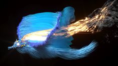 a blue feather flying through the air with its wings spread out and bright light coming from behind it