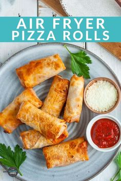 crispy baked pizza rolls on a plate with dipping sauce