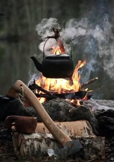 a tea kettle is on fire in the middle of some wood and logs with an ax sticking out of it