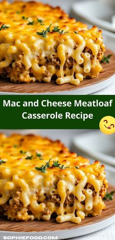 two plates with macaroni and cheese meatloaf casserole on them