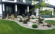 a house with rocks and plants in the front yard, along with grass on both sides