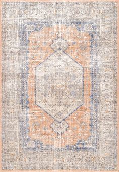 an orange, blue and beige area rug with a medallion design on the center piece