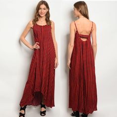 Red Navy Checkered Gingham Flow Maxi Dress Red Sleeveless Plaid Dress For Spring, Red Plaid Dress For Spring Picnic, Red Plaid Dress For Picnic In Spring, Casual Red Plaid Dress For Spring, Chic Summer Plaid Maxi Dress, Chic Plaid Maxi Dress For Summer, Casual Plaid Maxi Dress For Spring, Casual Plaid Maxi Dress For Picnics, Gingham Maxi Dress For Picnic