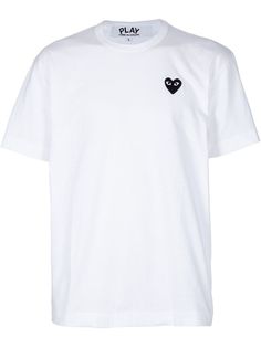 White cotton t-shirt from Comme des Garçons featuring a round neck, short sleeves and a contrasting black stitched design logo at the chest. Streetwear T-shirt With Appliqué Logo And Short Sleeves, Crew Neck T-shirt With Logo Emblem For Streetwear, Cotton T-shirt With Logo Emblem For Streetwear, Short Sleeve T-shirt With Logo Emblem For Streetwear, White Short Sleeve Top With Logo Patch, Streetwear T-shirt With Appliqué Logo, Streetwear Short Sleeve T-shirt With Appliqué Logo, White T-shirt With Logo Patch, White Crew Neck T-shirt With Logo Patch