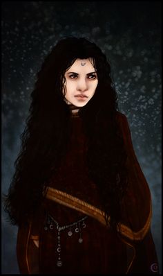 a digital painting of a woman with dark hair wearing a brown dress and fur coat