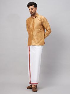 VM By VASTRAMAY Men's Rose Gold & White Silk Blend Shirt And Mundu Set A stylish fusion of tradition and modernity, this set exudes elegance and sophistication. Crafted from a luxurious silk blend, it offers comfort and style in equal measure. Features Black and white color combination Silk blend fabric for a luxurious feel Traditional mundu paired with a modern shirt Perfect for formal occasions Specifications Material: Silk blend Color: Black and white Size Options: S, M, L, XL Care: Dry clean Classic Long Sleeve Semi-formal Sets, Classic Long Sleeve Festive Traditional Wear, Cotton Traditional Wear For Semi-formal Occasions, Traditional Festive Shirt For Formal Occasions, Semi-formal Cotton Traditional Wear With Long Sleeves, Cotton Traditional Long Sleeve Semi-formal Wear, Semi-formal Long Sleeve Cotton Traditional Wear, Festive Fitted Shirt For Semi-formal Occasions, Festive Fitted Semi-formal Shirt