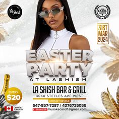 a flyer for an easter party featuring a woman in white dress and sunglasses with gold decorations around her neck