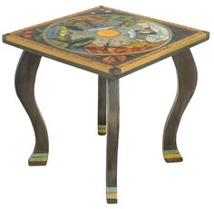 Large Square End Table – Elegantly painted four seasons landscape in the round and a sun shining brightly in its center top view Decorated Furniture, Painted Dining Table, Sticks Furniture, Square End Table, End Tables With Drawers, Painted Drawers, Hot Plates, Sun Shining, Des Moines Iowa