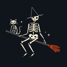 a skeleton and cat sitting on a broom