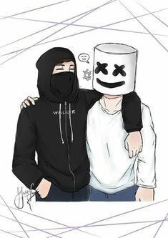 two people in black and white hoodies are holding each other's arms, with one person wearing a marshmallow mask on their face