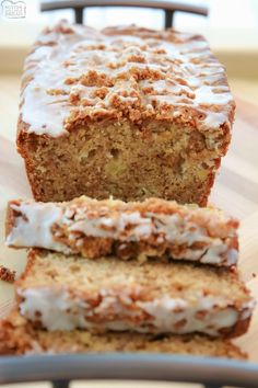 sliced loaf of banana bread with icing on top