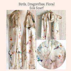 "A stunning delicate Artistic Nature design Scarf, has a luxury Satin feel to the fabric, shiny one side, other side is non shine, so it could be used reversed. Features Birds, Dragonflies, Floral design Cream / Green / Beige / Peach / Brown Multi colours   Wear it wrapped, or! Fashionably Long for a different look This super quality Silk Scarf makes a Perfect Gift idea. DIMENSIONS > Length 65\"/165cms > Width 28\"/71cms MATERIAL > 100% Satin Silk  Gorgeous Silky/Satin feel to the skin. CARE INSTRUCTIONS > Gentle HandWash - Short Spin - Do Not Tumbledry GIFT \"SPECIAL REQUEST\" If you're sending as a Gift, I am very happy to enclose a special message on your behalf, please leave the worded message in the \"Notes To Seller\" during checkout. \"IMPORTANT - DELIVERY\" All purchases are despat Design Scarf, Silk Gifts, Scarf Material, Scarf Silk, White Feather, Cream Silk, White Feathers, Satin Silk, Nature Design