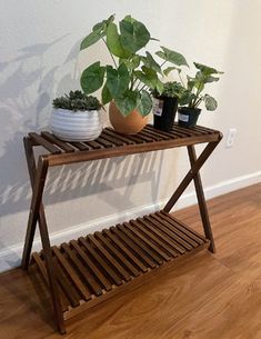 three potted plants are sitting on a wooden shelf