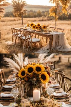 the table is set with sunflowers and candles for an outdoor dinner party or reception