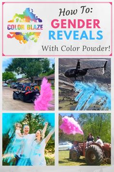 how to gender reveal with color powder in the air and an image of two people on a tractor