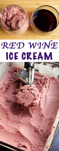 an ice cream recipe is being made in a glass dish and then topped with red wine