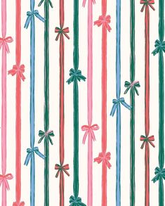 a striped background with bows and ribbons on it's sides in pink, blue, green and red