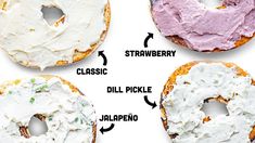 four different types of doughnuts are shown in this diagram, including one with cream cheese and the other with strawberry