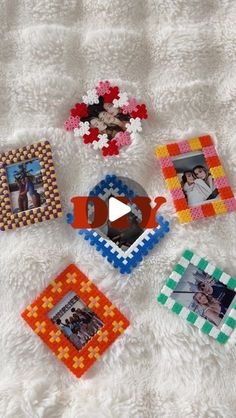 four different colored squares with pictures on them sitting on a white furnishing area