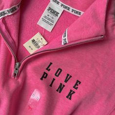 60% Cotton, 40% Polyester Pink Logo Print Sweatshirt, Sporty Pink Sweatshirt With Logo Print, Pink Letter Print Sweatshirt For Loungewear, Pink Logo Print Top For Winter, Winter Pink Tops With Logo Print, Pink Tops With Logo Print For Winter, Pink Outfits Victoria Secret, Half Zip Sweatshirt, Pink Outfits