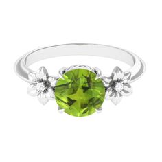 Round Peridot Solitaire Flower Engagement Ring with Diamond Peridot - ( AAA ) - Quality - Rosec Jewels Elegant Peridot Birthstone Ring With Prong Setting, Peridot Birthstone Ring In White Gold, Elegant Lime Green Ring With Center Stone, Elegant Lime Green Jewelry With Center Stone, Elegant Peridot Diamond Ring With Prong Setting, Peridot Diamond Ring With Round Cut, Peridot Diamond Ring For May Birthstone, Elegant Peridot Diamond Ring With Center Stone, Peridot Round Cut Diamond Ring