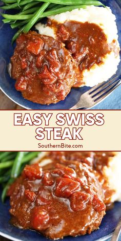 easy swiss steak with gravy and green beans on a blue plate next to mashed potatoes