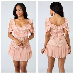 Ruffle And Lace Mini Dress. Can Be Worn Off Or On The Shoulder. Perfect For A Vacation. Feminine Mini Dress With Ruffled Skirt For Night Out, Summer Party Ruffle Dress With Ruffle Sleeves, Pink Ruffle Dress For Date Night, Flutter Sleeve Mini Dress With Ruffles For Party, Flirty Mini Dress With Ruffles And Short Sleeves, Party Mini Dress With Ruffles And Flutter Sleeves, Elegant Mini Dress With Ruffle Sleeves For Beach, Feminine Off-shoulder Mini Dress With Ruffles, Flirty Short Sleeve Mini Dress With Ruffles