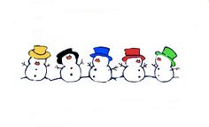 four snowmen are standing in a row with hats on their heads and one is wearing a top hat