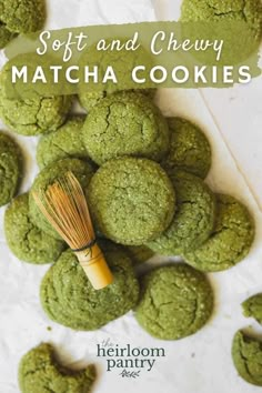 soft and chewy matcha cookies with a whisk in the middle on top