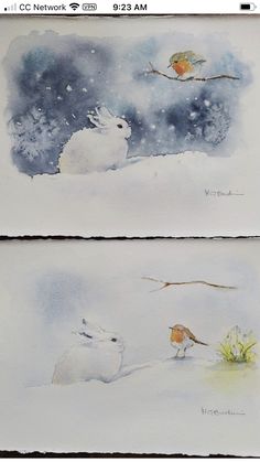 two watercolor paintings of rabbits in the snow