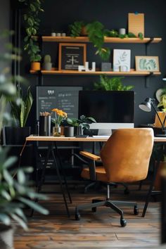 Elevate Your Workspace: Dark Office Ideas Male Office Design, Office Ideas Moody, Male Home Office Decor, Dark Green Office Aesthetic, Moody Workspace, Black Walls Office