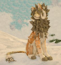 a digital painting of a lion sitting in the snow with his tail curled up and eyes closed