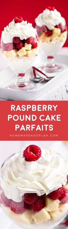 raspberry pound cake parfaits on a white plate