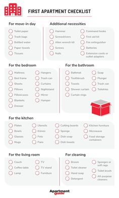 an apartment checklist is shown in red and white