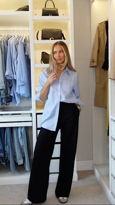 Sneakers And Work Pants, Sneakers Work Outfit Women, Scandinavian Style Work Outfits, White Pants Blue Top Outfit, Sambas Office Outfit, Samba Business Casual, Scandinavian Work Outfit, Adidas Samba Work Outfit, Finance Outfits Women