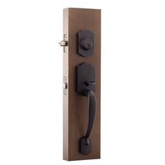 a door handle on a wooden door