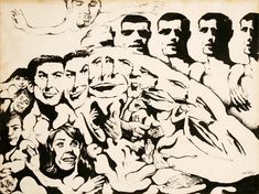 a black and white drawing of men surrounded by women, with one man's head in the center