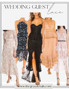 four different dresses with the words, wedding guest love